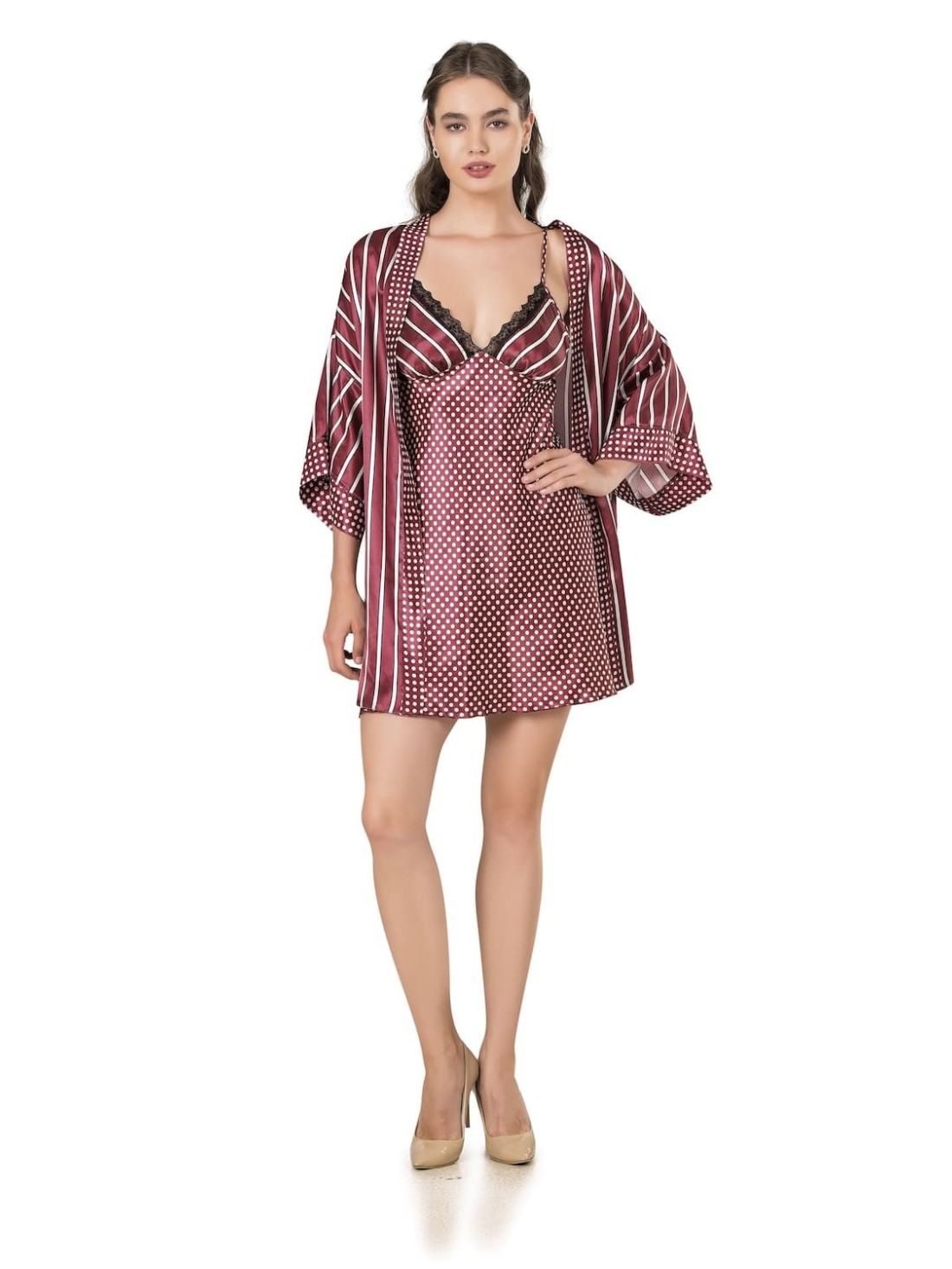 Satin set, nightdress, light burgundy bathrobe PIZ204 - Online store - Boutique